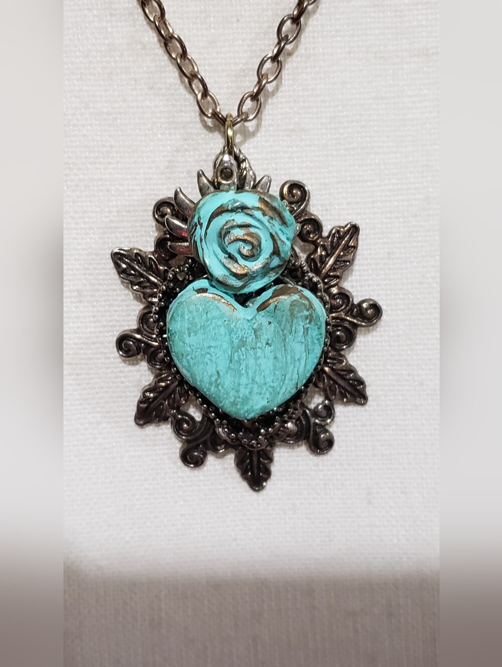 Turquoise Heart & Rose Pendant Necklace